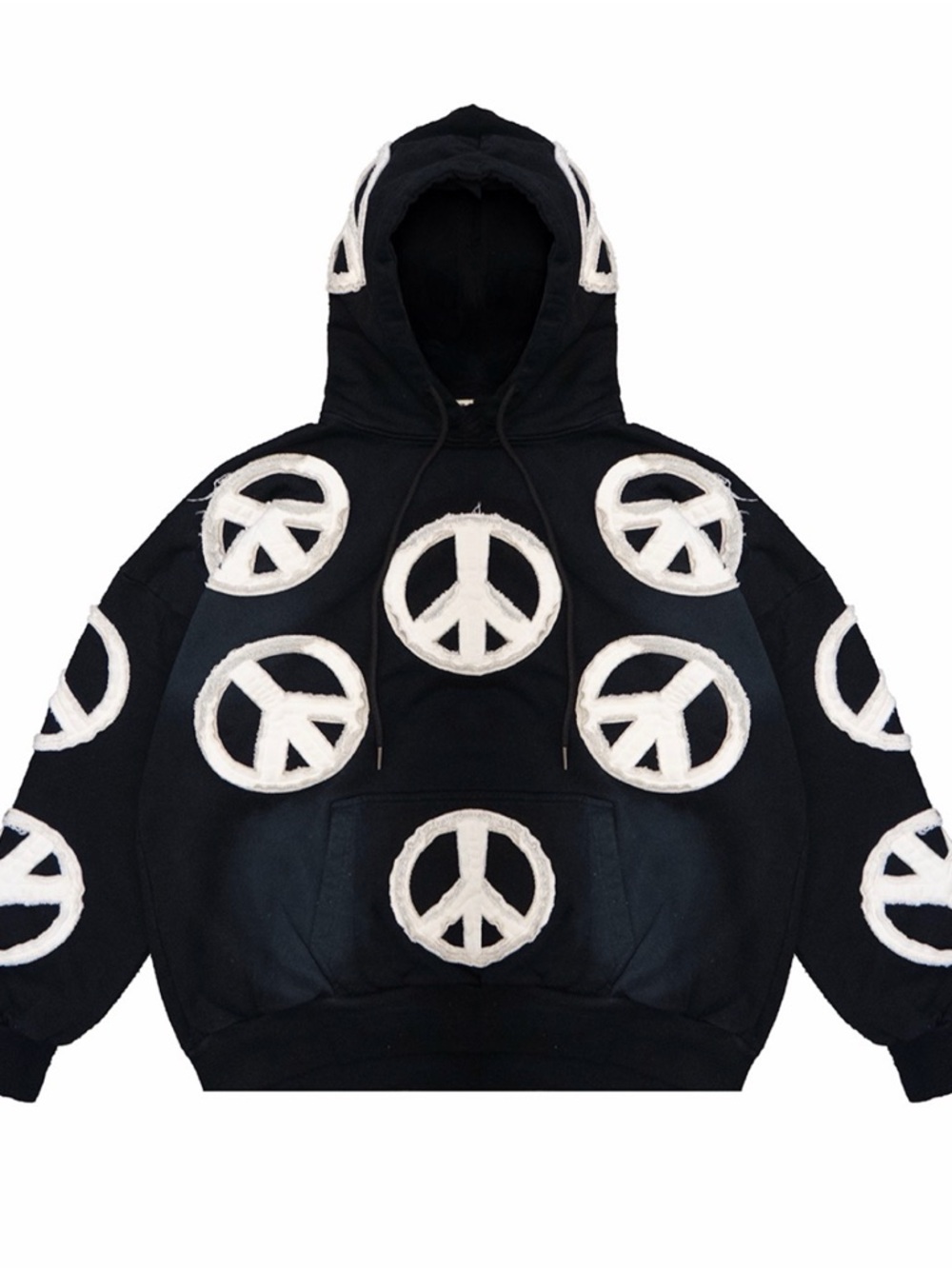 ☮️✌🏾☮️ Watson Heavyweight FrayedPeace Sign Black Hoodie - Size L